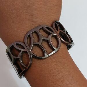 Sturdy Black Gothic Art Deco Cutout Design Hinged Cuff Bracelet